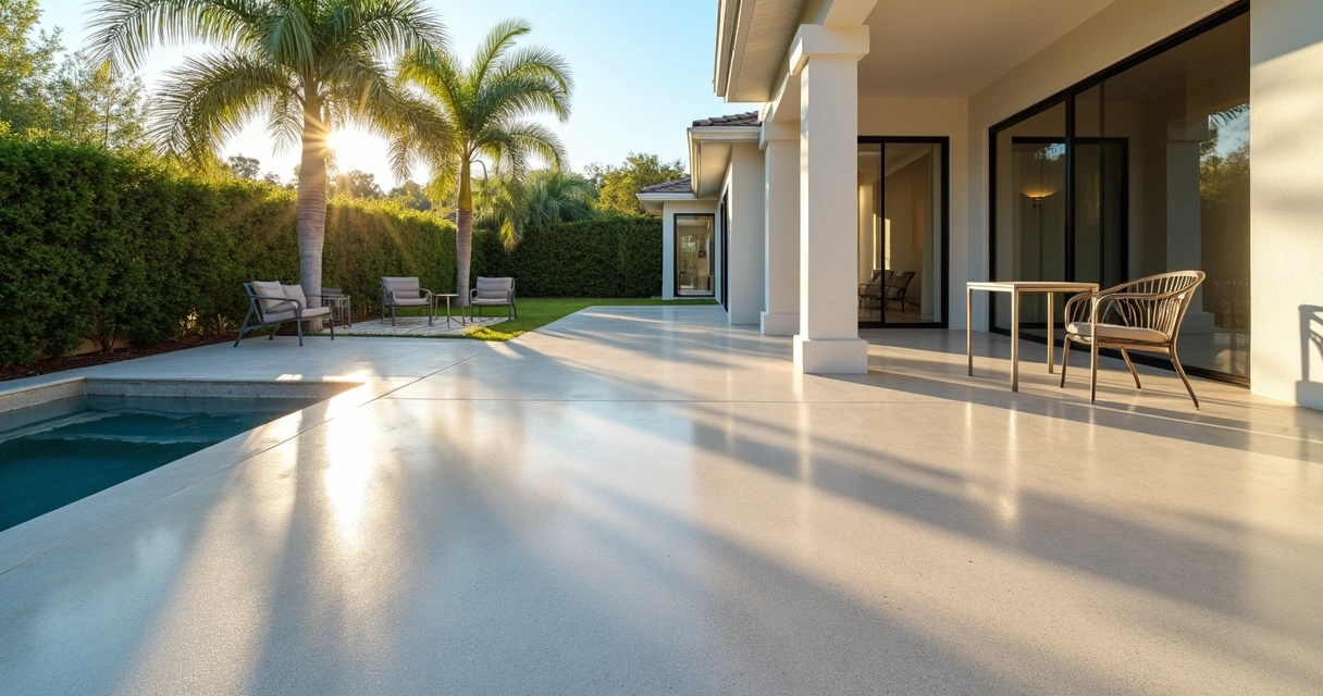Sunlit outdoor patio in Florida with glossy UV-stable epoxy floor coating 