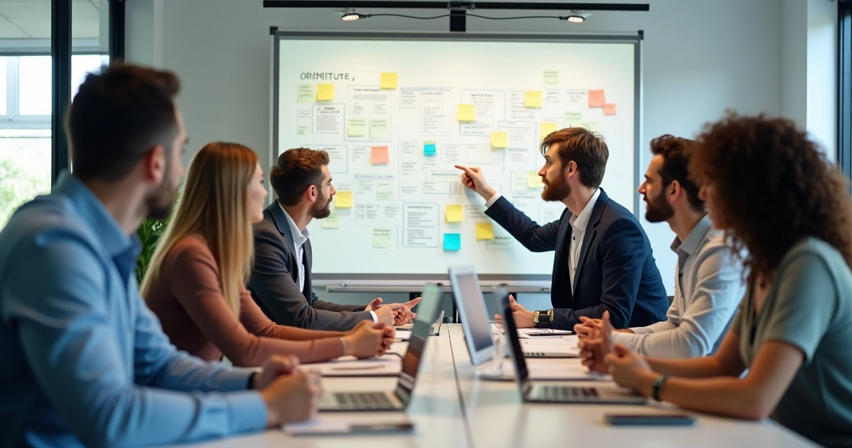Equipe reunida analisando experiência do usuário em quadro branco 