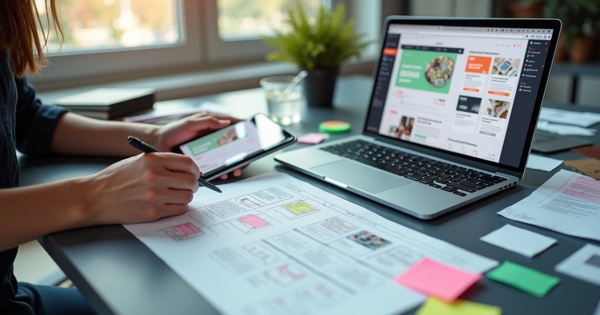 Pessoa revisando layout de landing page em tablet e computador 