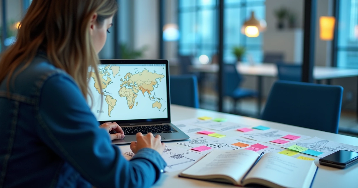 Protótipo de design UX de aplicativo aberto em notebook, com post-its e anotações na mesa 