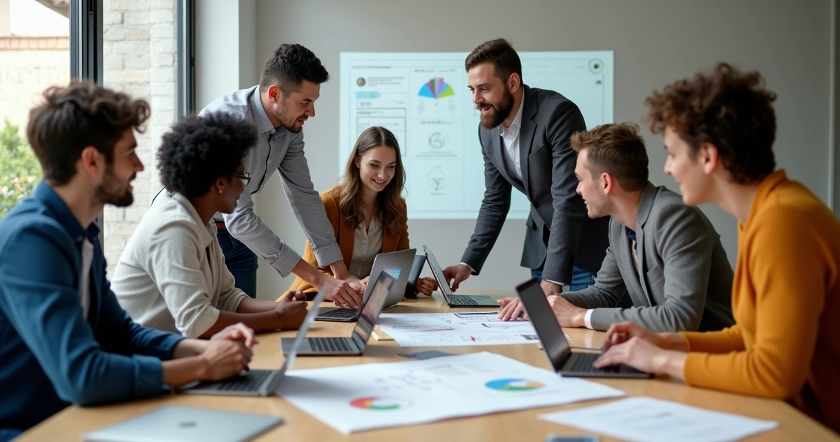 Equipe de UX reunida em mesa com computador, debatendo protótipos 