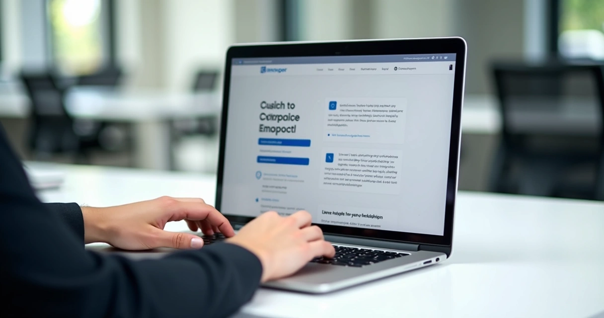 Usuário navegando em site empresarial com interface clara e botões de ação destacados 