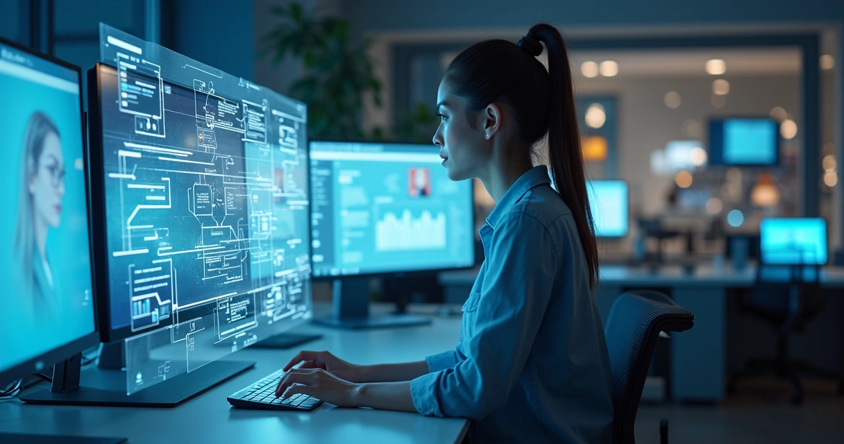 Designer UX analisando fluxos de usuário ao lado de holograma de IA. 