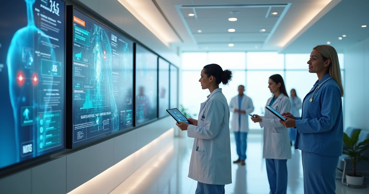 Equipe médica e pacientes usando telas personalizadas em clínica moderna 