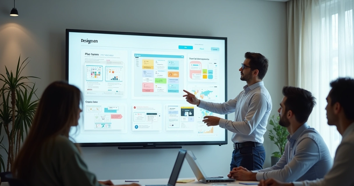 Design de UX/UI sendo apresentado em painel digital moderno 