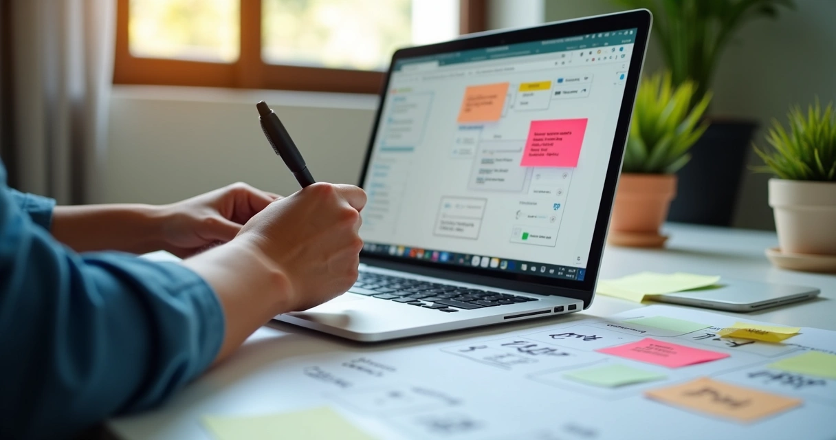 Pessoa digitando textos de UX em computador com papéis de UI na mesa 