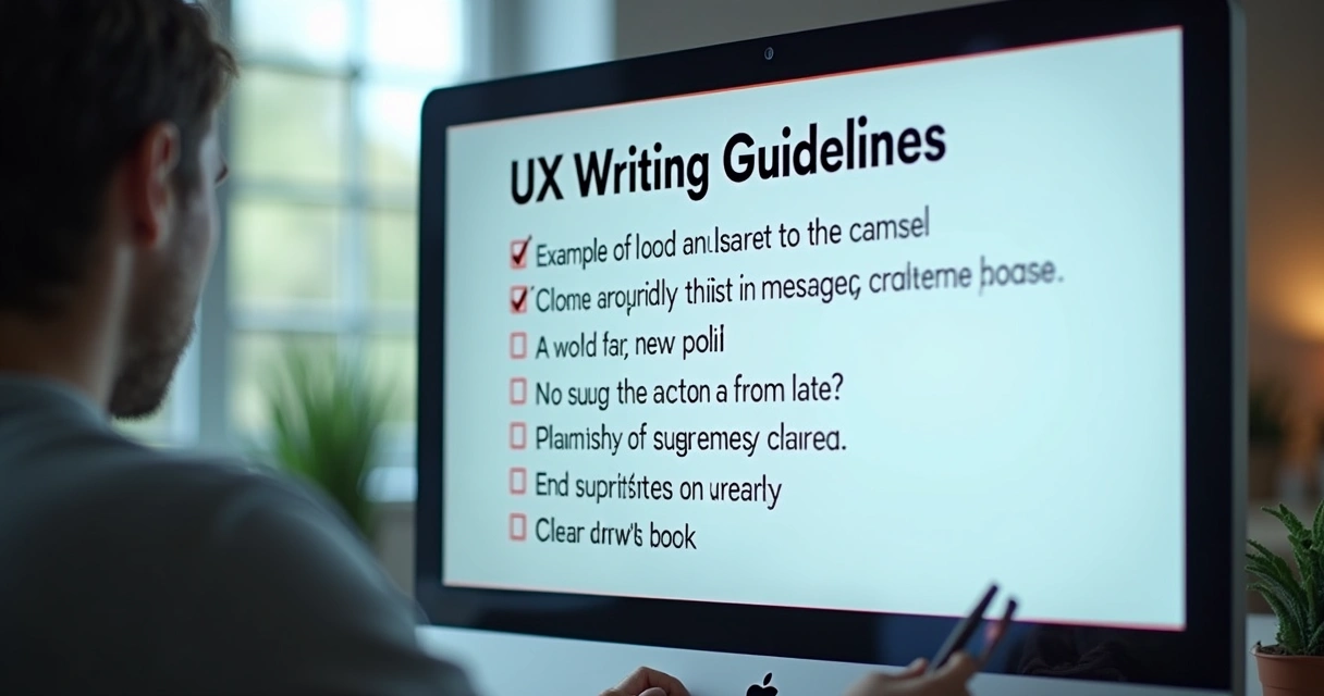 Checklist de UX writing em tela digital destacando mensagens claras e empáticas 