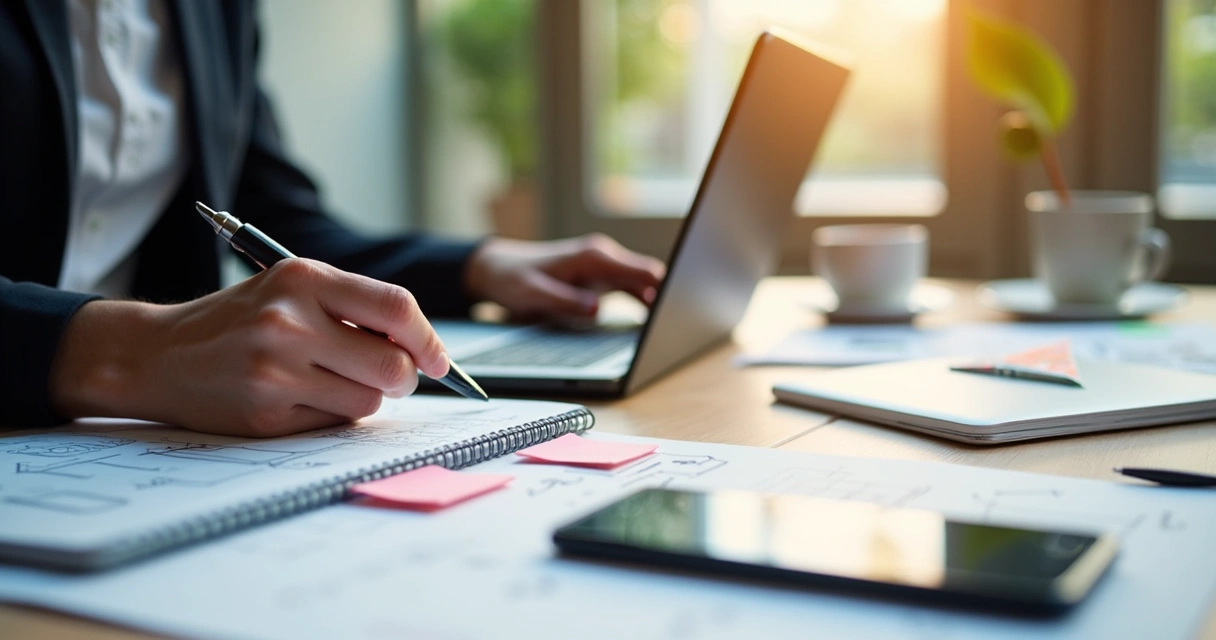 Profissional trabalhando em UX Writing com laptop e anotações em ambiente moderno de escritório 