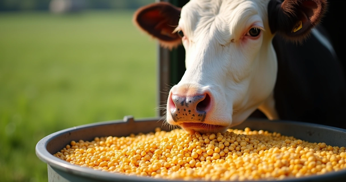 Vaca branca e preta consumindo mistura com milho moído em cocho na fazenda 