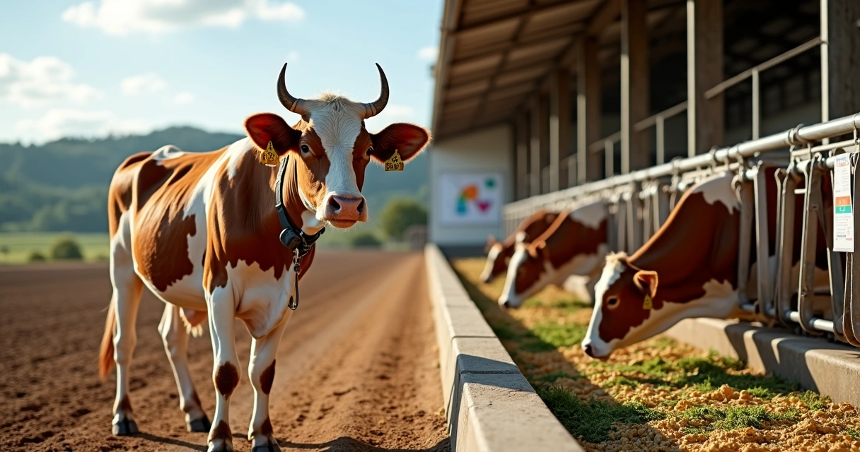 Vaca Gir leiteira em curral organizado com ordenha mecânica ao fundo 