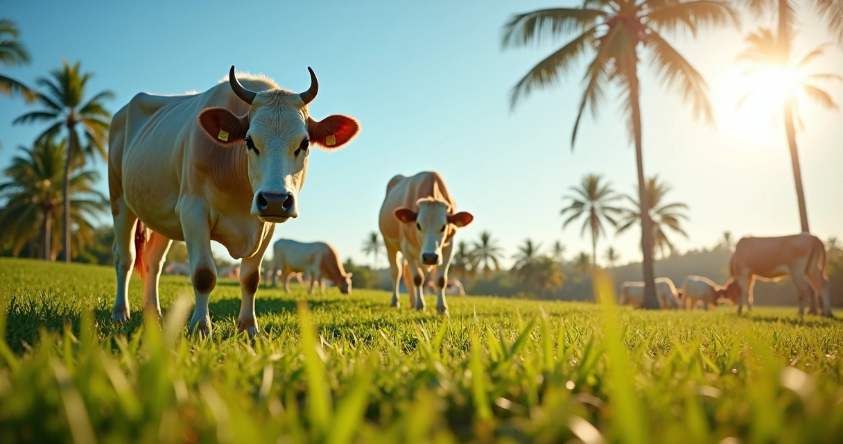 Vaca girolando de pelagem clara, pastando com árvores ao fundo 