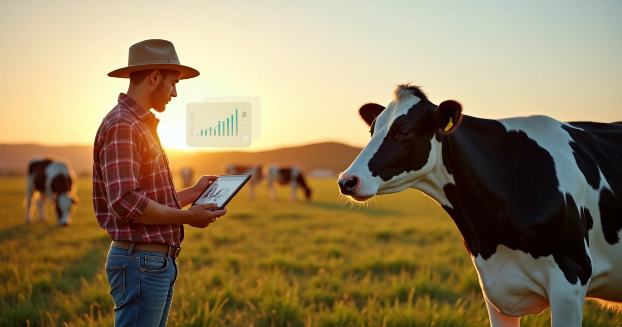 Produtor analisando preço de vaca leiteira em pasto verde ao pôr do sol 