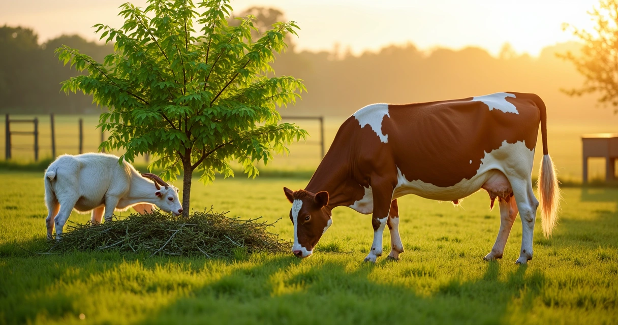 Vacas e cabras leiteiras pastando perto de moringa em pasto verde ao pôr do sol 