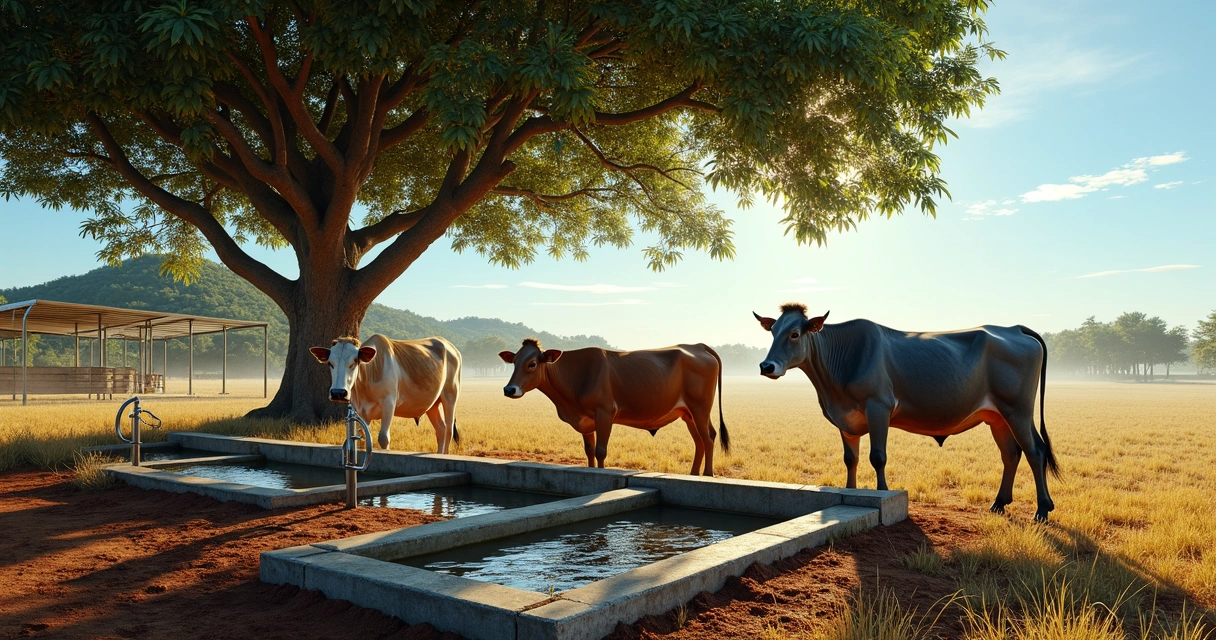 Vacas leiteiras de diferentes raças sob sombra em pasto seco de clima quente 