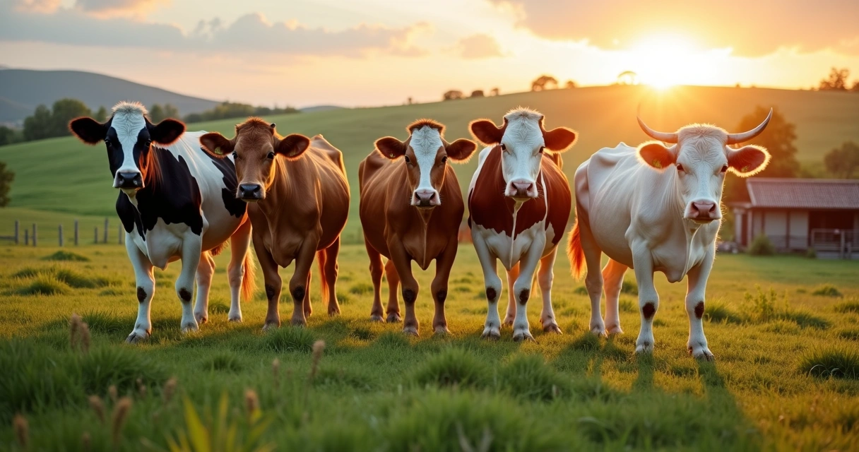 Vacas leiteiras de diferentes raças em pasto verde ao entardecer 