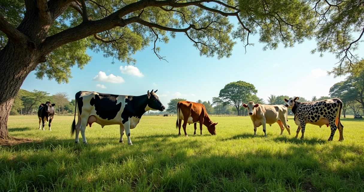 Diversas raças de vacas leiteiras pastando juntas 