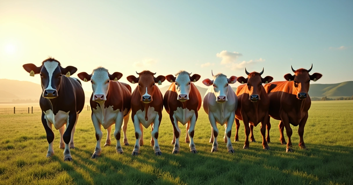 Linha de vacas leiteiras de diferentes raças lado a lado em pasto verde 