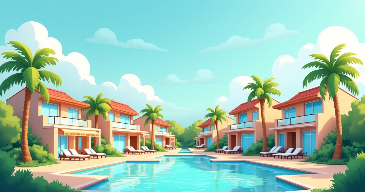 Pool with vacation villas and sale signs 