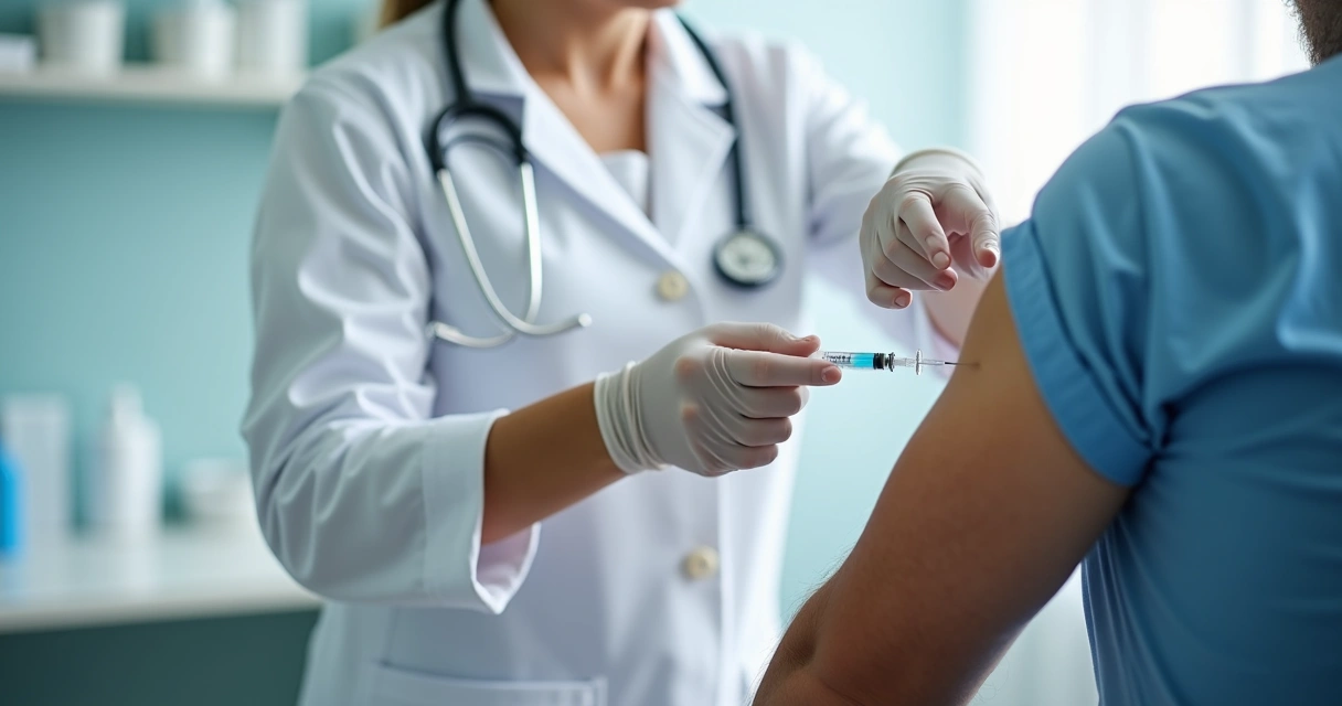 Aplicação de vacina no braço de um adulto 