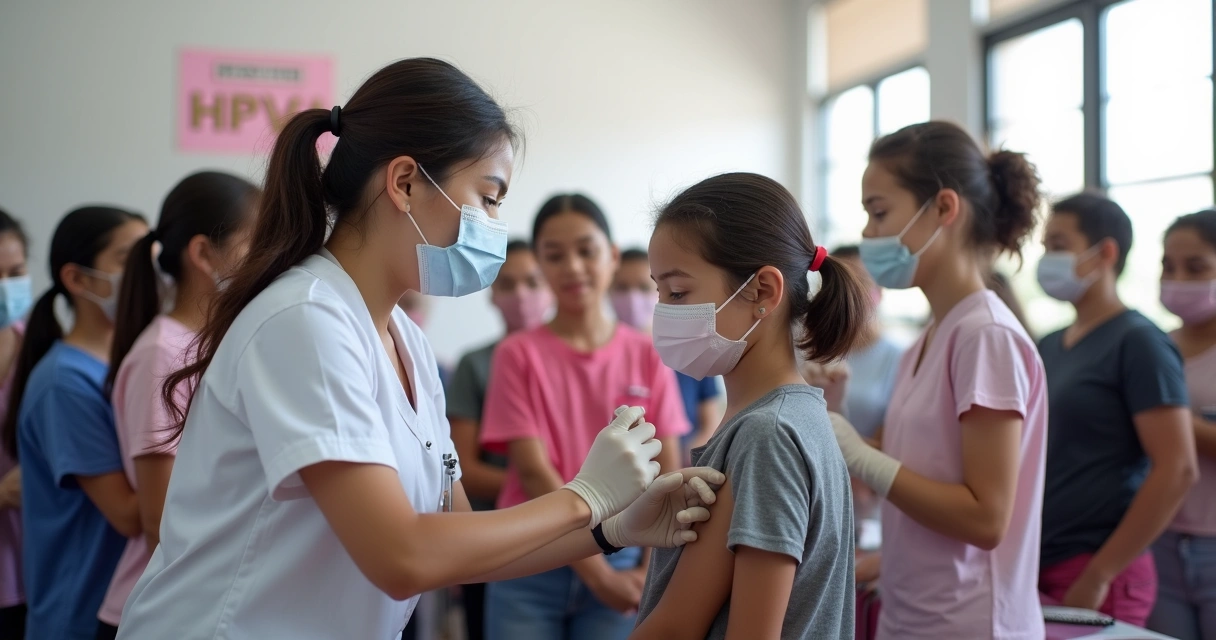 Jovens recebendo vacina contra HPV em campanha de saúde 