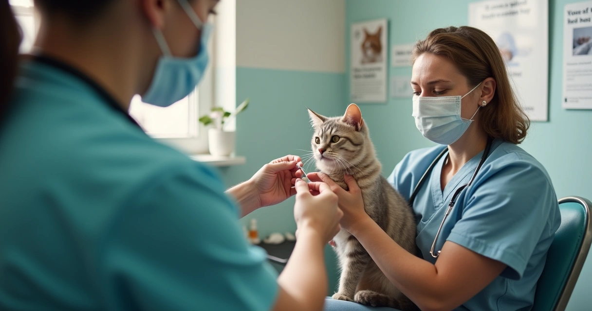Veterinário aplicando vacina em gato no colo da tutora, ambiente acolhedor 