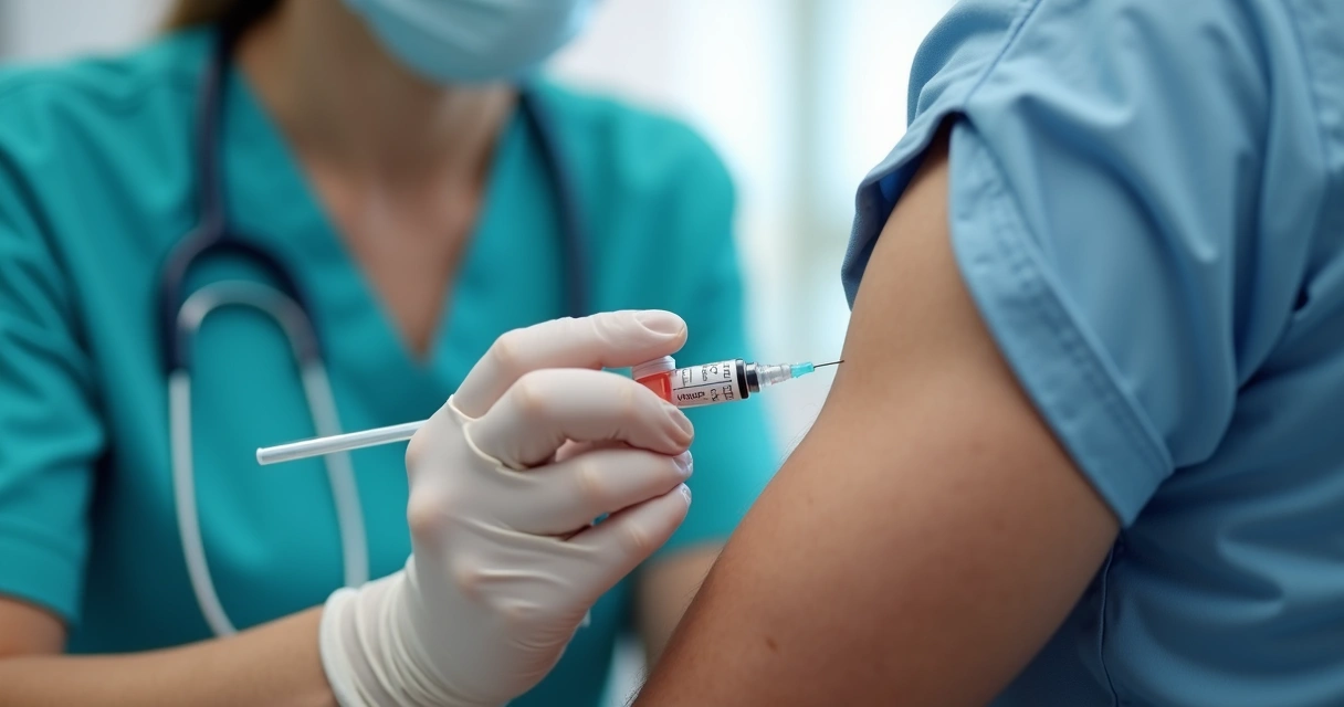 Profissional de saúde aplicando vacina em braço de adulto