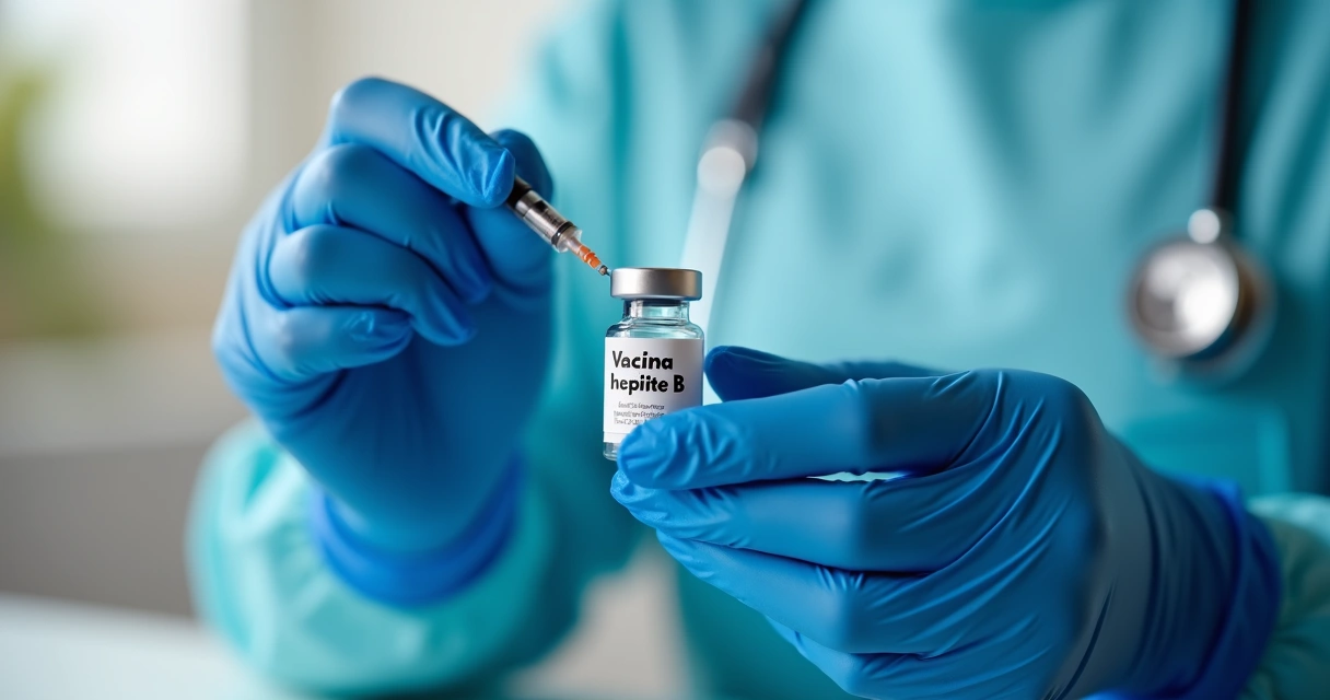 Vacina hepatite B sendo segurada por mãos com luvas, foco em frasco e seringa 