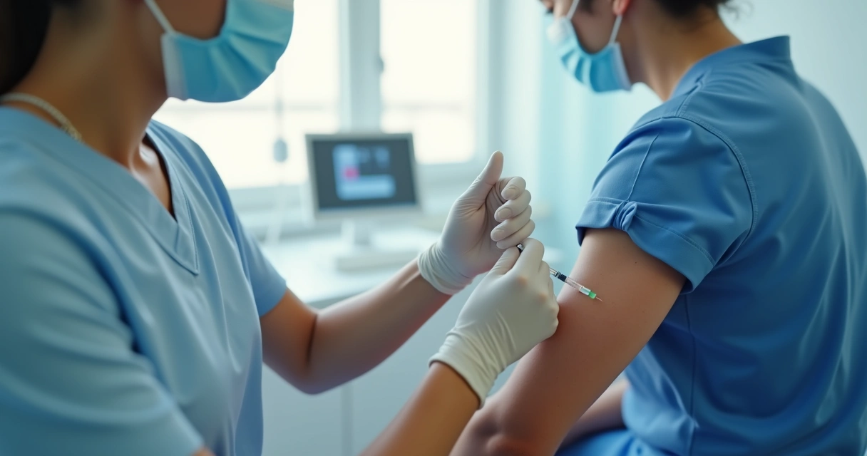 Enfermeira aplicando vacina no braço de adulto 