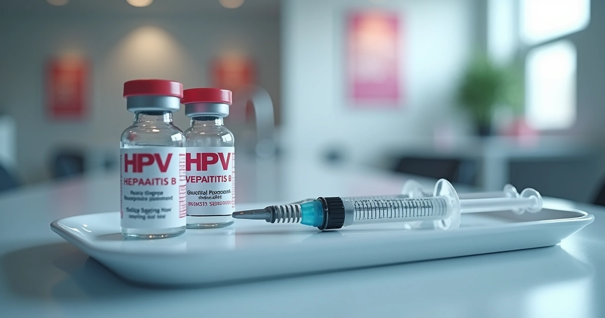 Frascos de vacina para hepatite B e HPV ao lado de seringas.