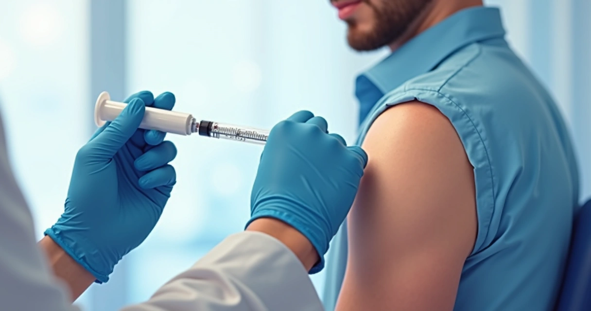 Profilaxia e vacinação para prevenir infecções oportunistas no HIV 1 Profissional de saúde aplicando vacina em paciente, foco apenas nos ombros e seringa