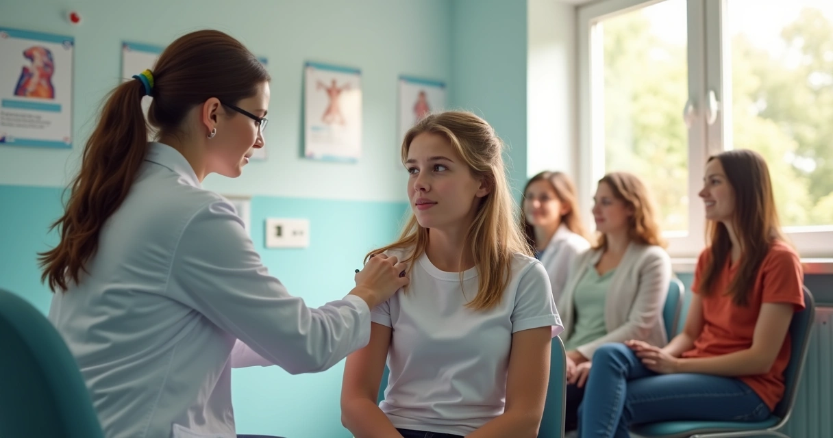 Enfermeira aplicando vacina HPV em adolescente em sala de vacinação 