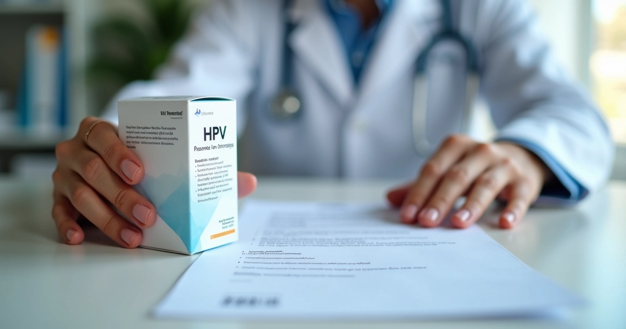 Profissional de saúde mostrando caixa de vacina HPV e lista de contraindicações