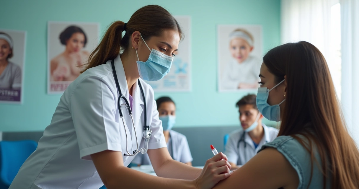 Profissional de saúde aplicando vacina em jovem 