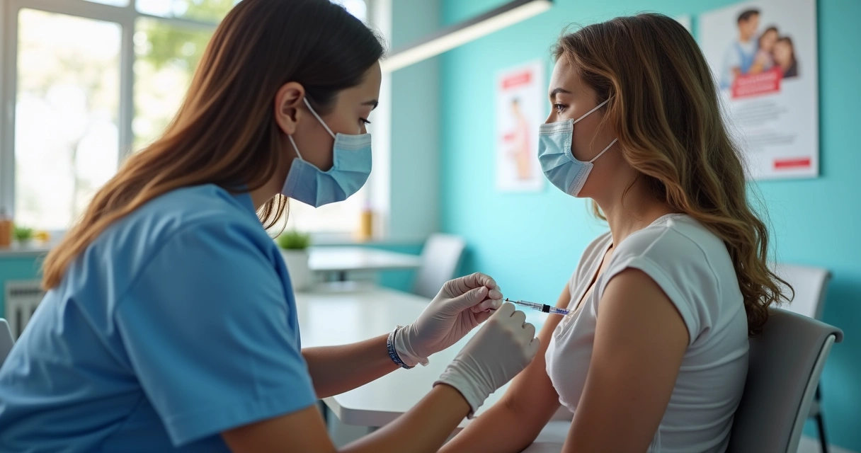 Profissional aplica vacina em adolescente em ambiente de saúde 