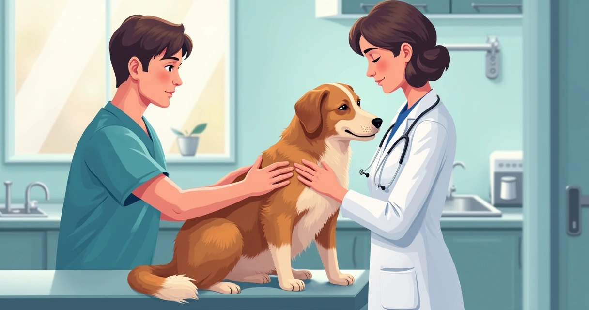Veterinário aplicando vacina em um cachorro enquanto a tutora segura o animal 