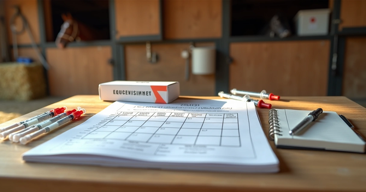 Calendário detalhado de vacinas para cavalos com seringas e caixa de vacina sobre mesa de madeira 