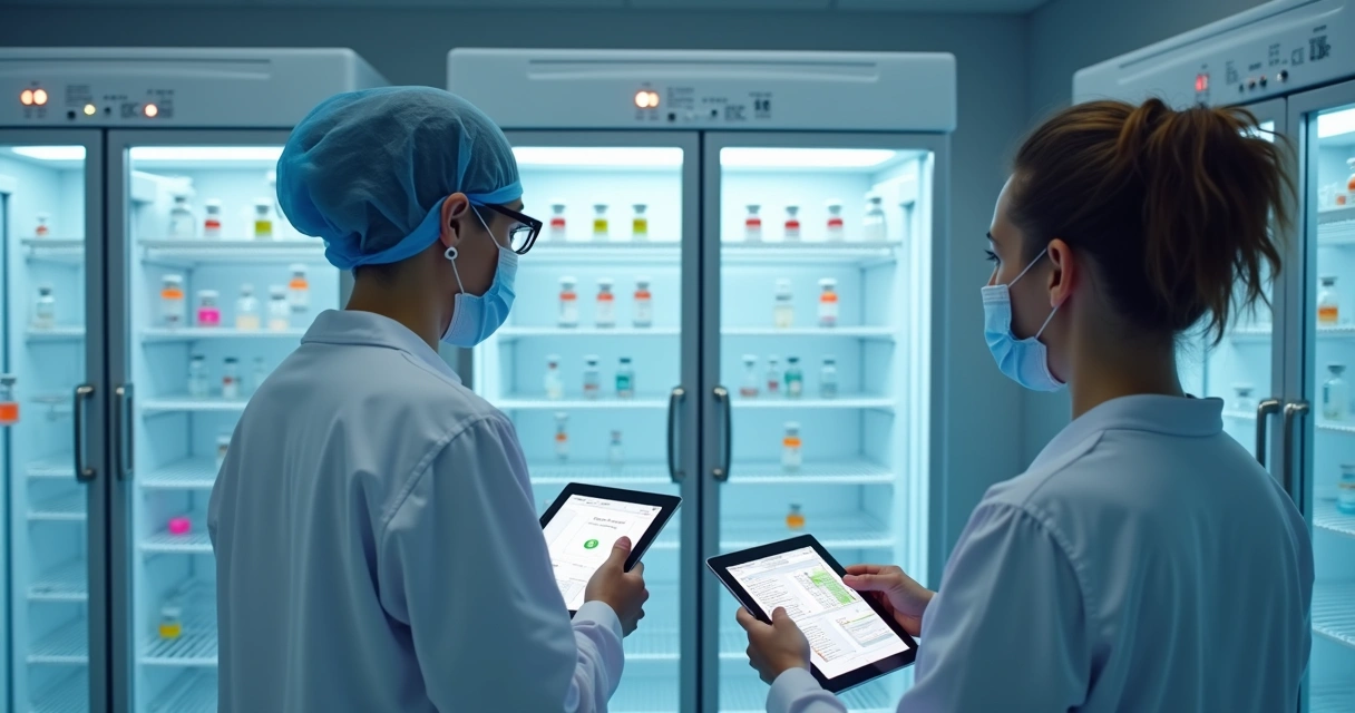 Technical team monitoring vaccines in digital system