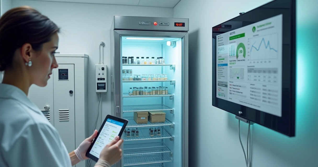 Profissional verifica geladeira de vacinas ligada a monitor de temperatura e gerador de energia 