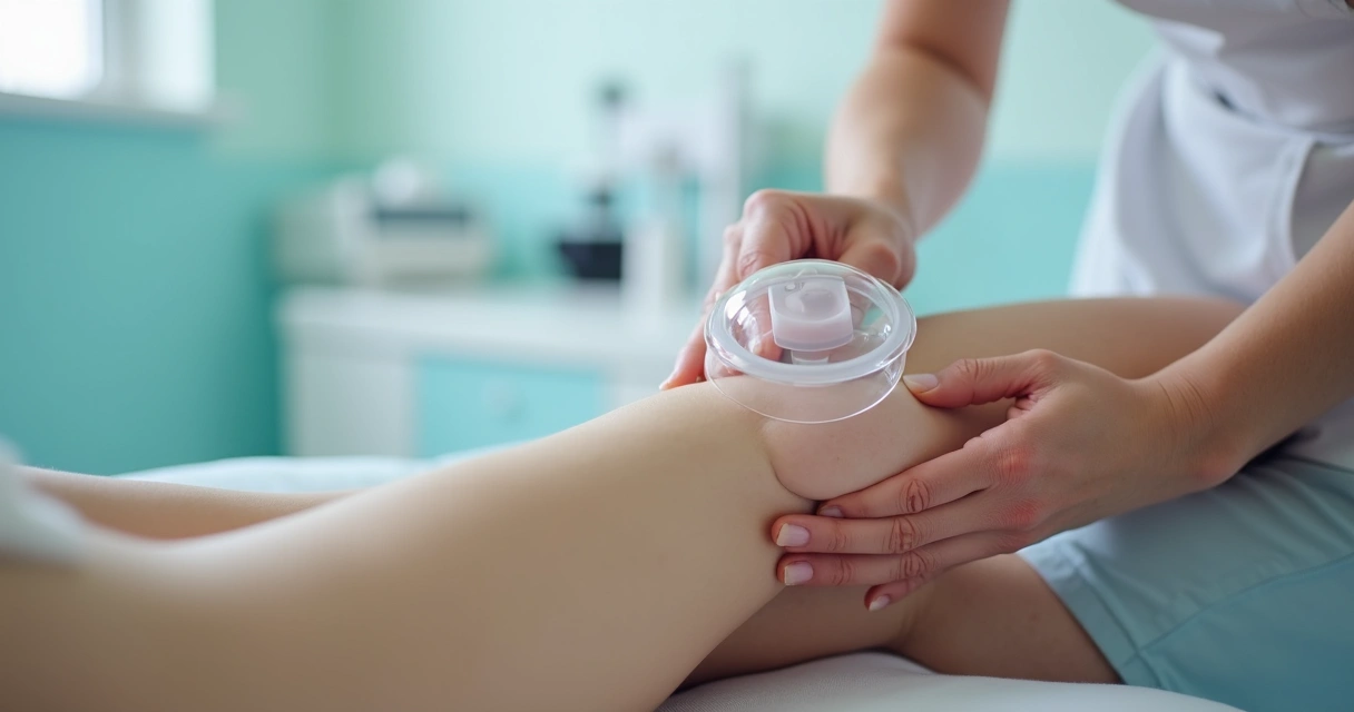 Técnica de vacumterapia aplicándose en pierna femenina