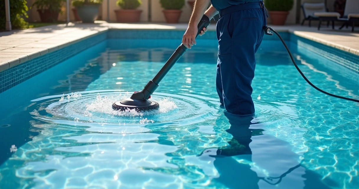 Pool technician vacuuming debris from pool floor after floc treatment 