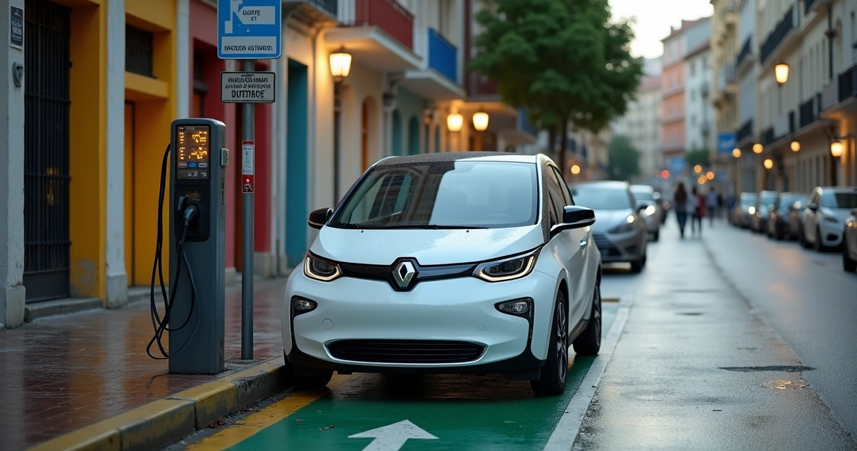 Vaga sinalizada para elétricos em rua com carregador 