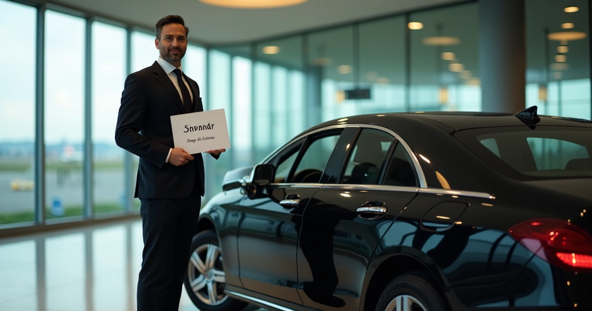 Motorista executivo esperando com placa personalizada na área de desembarque do aeroporto de Curitiba. 