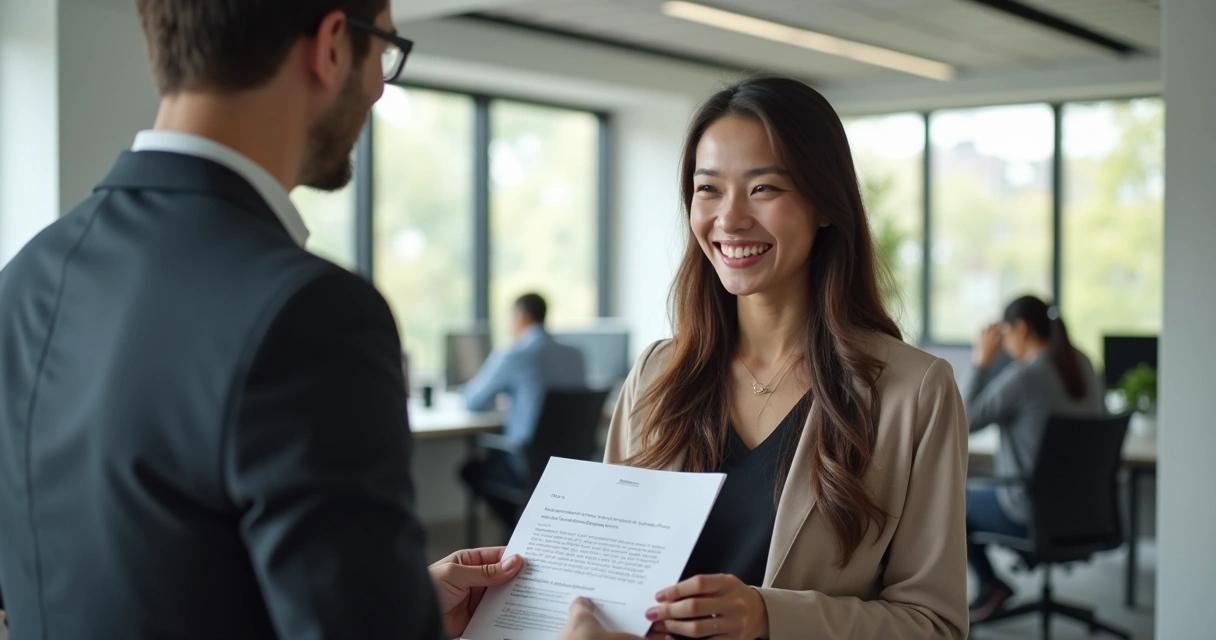 Profissional sorridente recebendo oferta escondida de emprego 