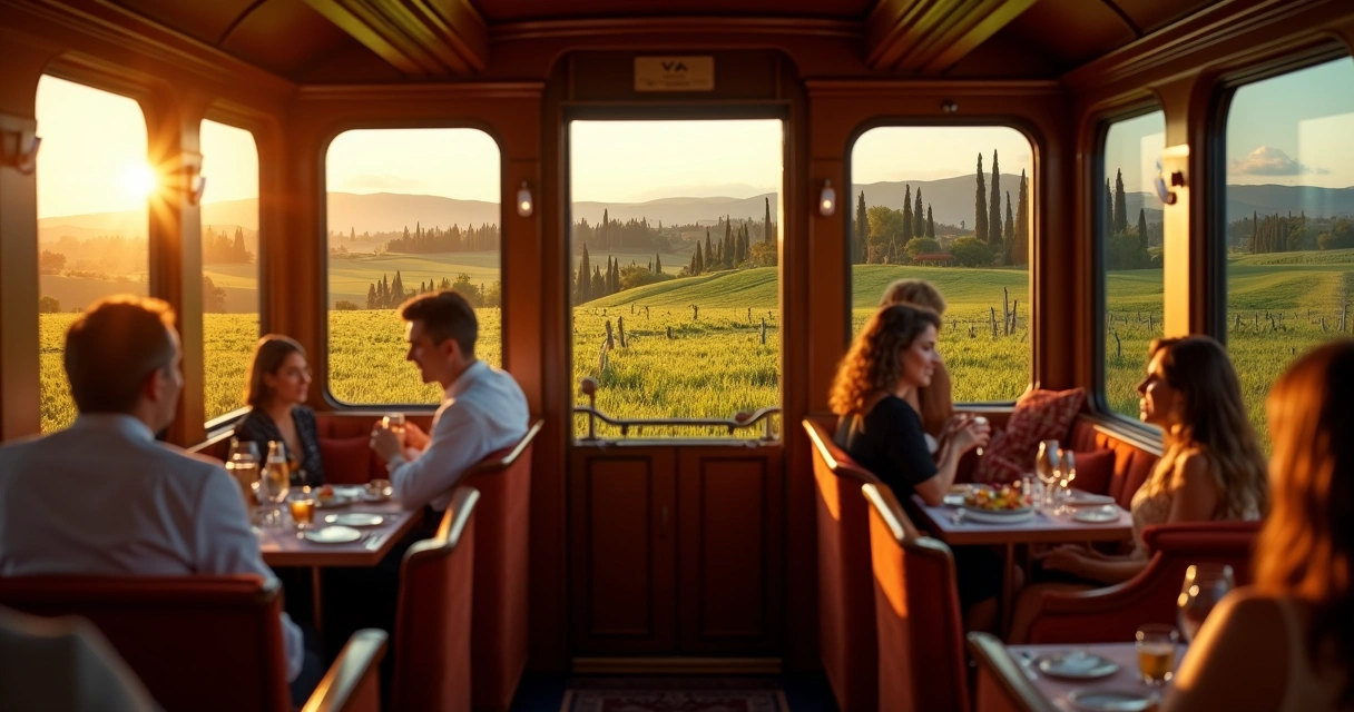 Vagão restaurado dos anos 1920 em viagem por paisagem europeia 