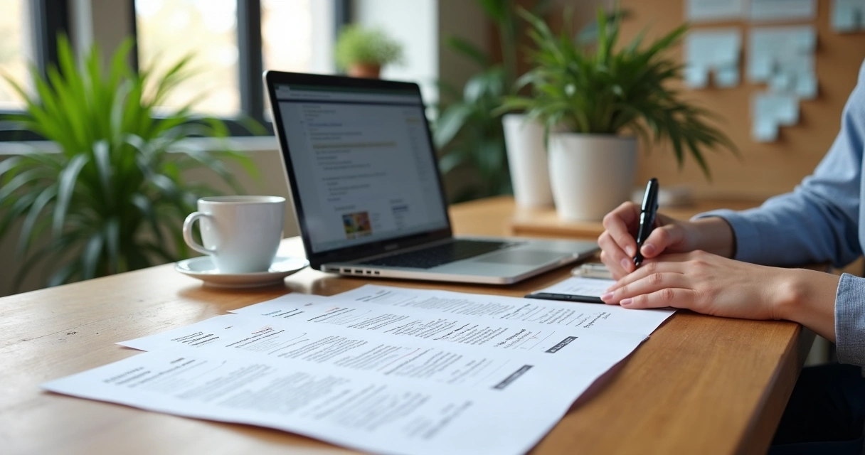 Currículos atualizados em inglês sobre uma mesa com laptop 