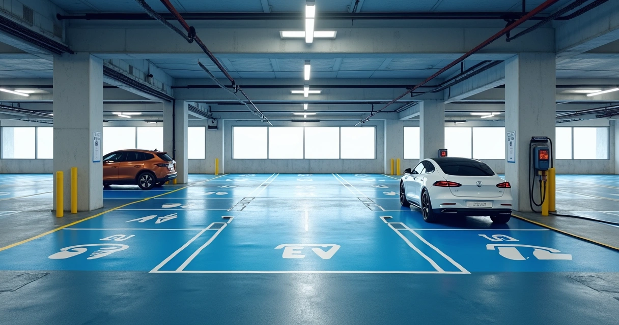 Vagas de recarga para carros elétricos em estacionamento moderno
