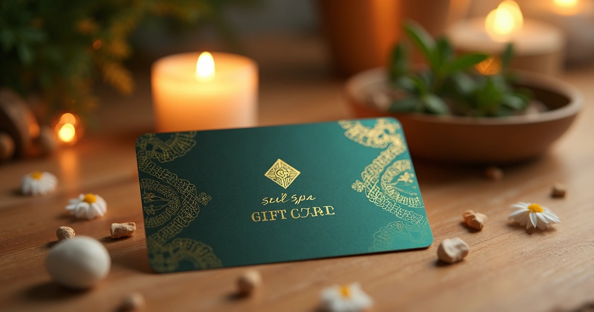 Cartão vale-presente elegante do spa sobre mesa de madeira em ambiente sofisticado 