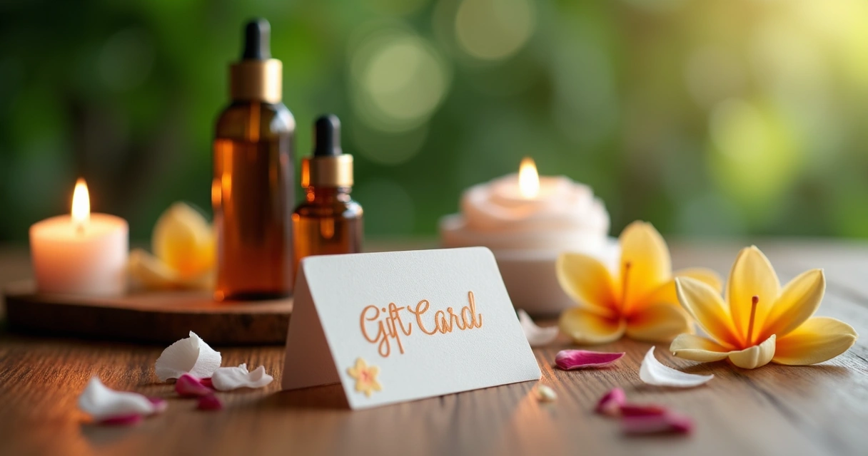 Cartão vale-presente de spa ao lado de produtos de bem-estar 