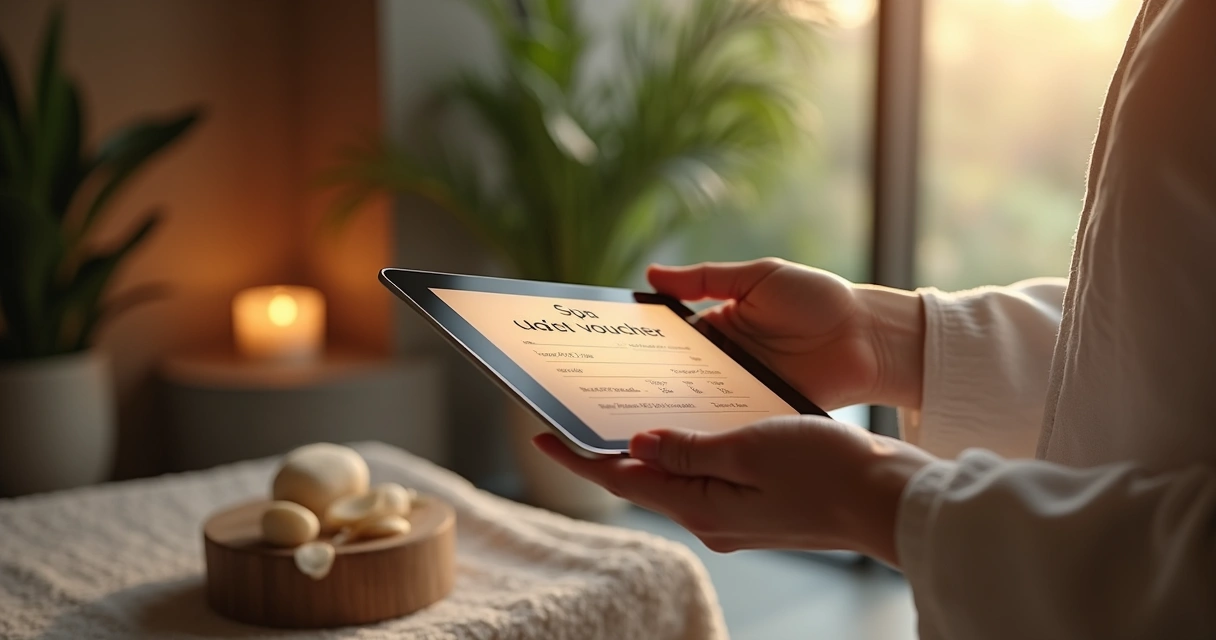 Pessoa recebendo voucher digital de experiência em spa com ambiente sofisticado e detalhes naturais 