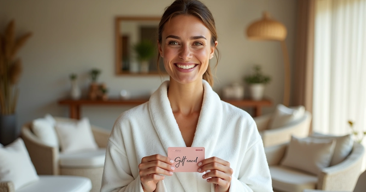 Mulher sorrindo e segurando um vale-presente de spa, em ambiente iluminado e relaxante. 